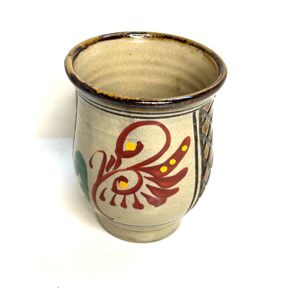 Hand Thrown Stoneware Cup Cross Hatch Texture Folk Art Style Rustic Teacup